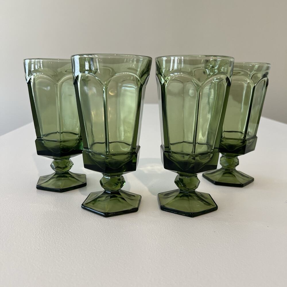 Vintage Green Fostoria Virginia Goblets Iced Tea Water Glasses 8 oz Set of 4